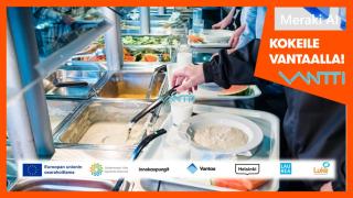 Ihminen ottaa linjastolta ruokaa. 