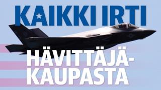 Kuvassa hävittäjäkone ja tekstinä kaikki irti hävittäjäkaupasta. 