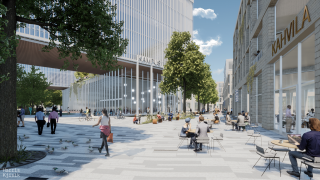 A digital illustration of the pedestrian street of the Competence Campus.