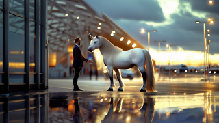 An image made with artificial intelligence showing a man and a unicorn at an airport.