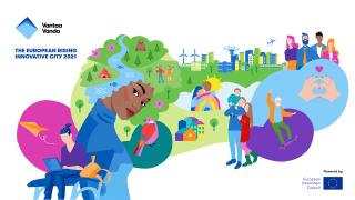 Innovaatioiden Vantaa -strategiaa kuvaava kuvituskuva, jossa esitellään strategian pääteemoja ja painopisteitä