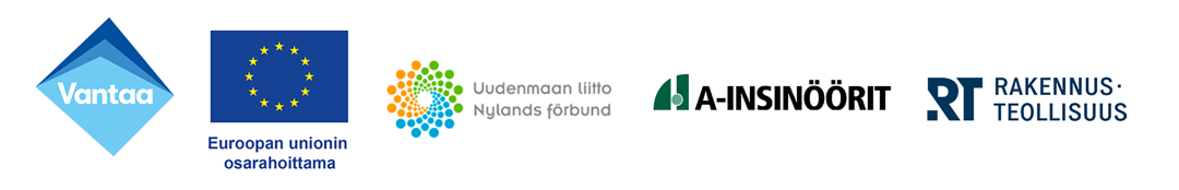 Ratkaisuja rakentamisen tulevaisuuteen seminaarin järjestäjien logot: Vantaa, Euroopan unionin osarahoittama, Uudenmaanliitto, A-insinöörit, Rakennusteollisuus