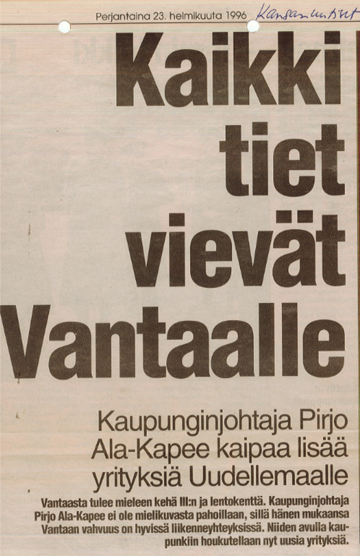 Uutisotsikko, jossa lukee Kaikki tiet vievät Vantaalle. 