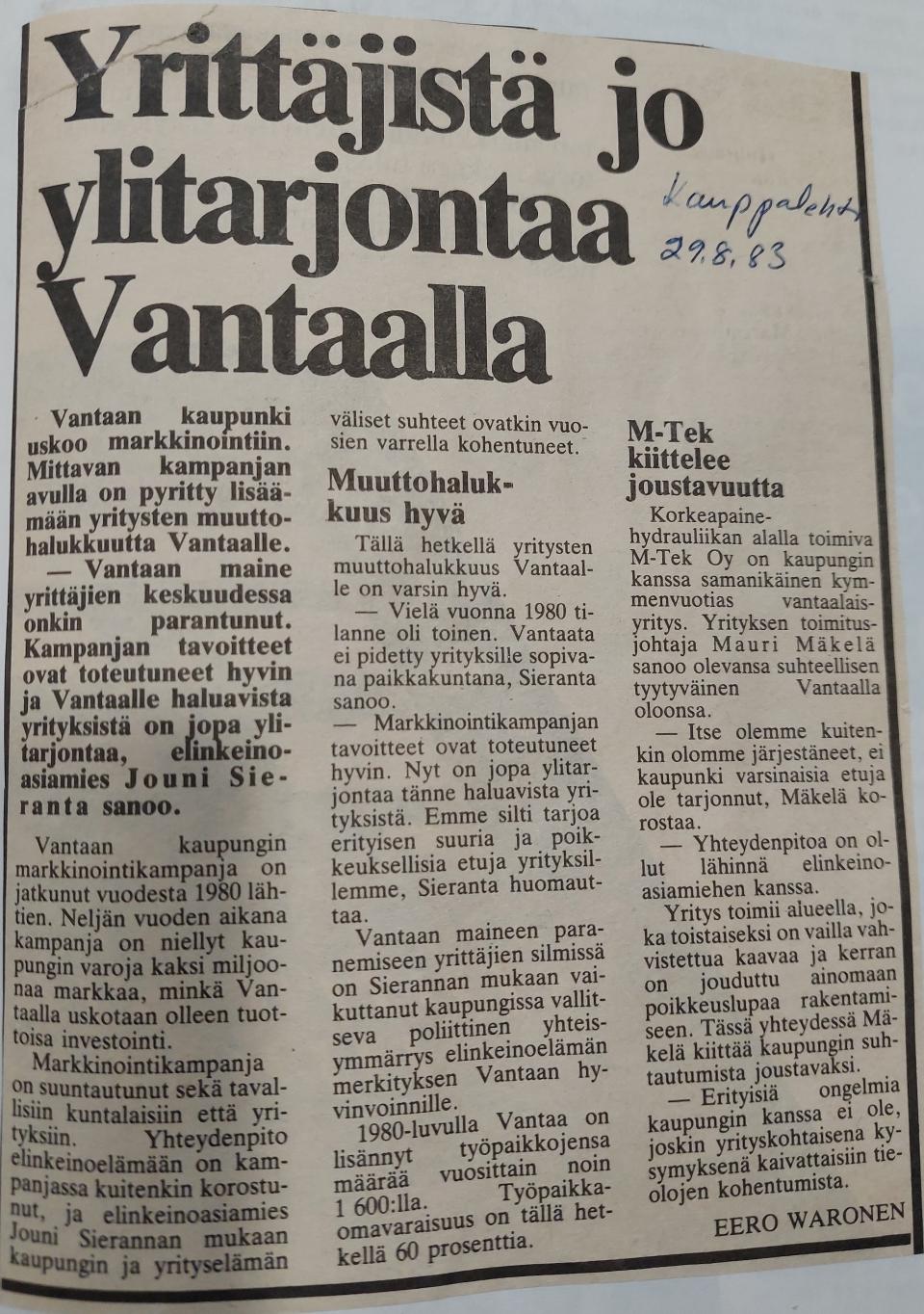 Kauppalehden uutinen 1983, jonka otsikossa lukee Yrittäjistä jo ylitarjontaa Vantaalla. 